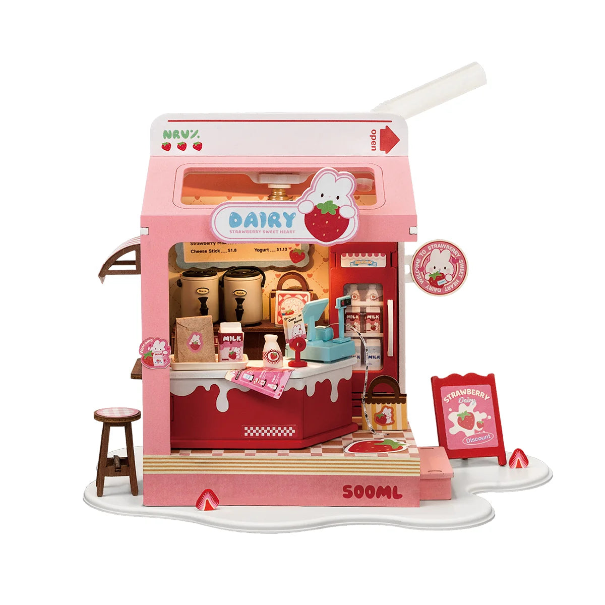 Mini pink dairy milk box miniature scene kit with accessories, open front