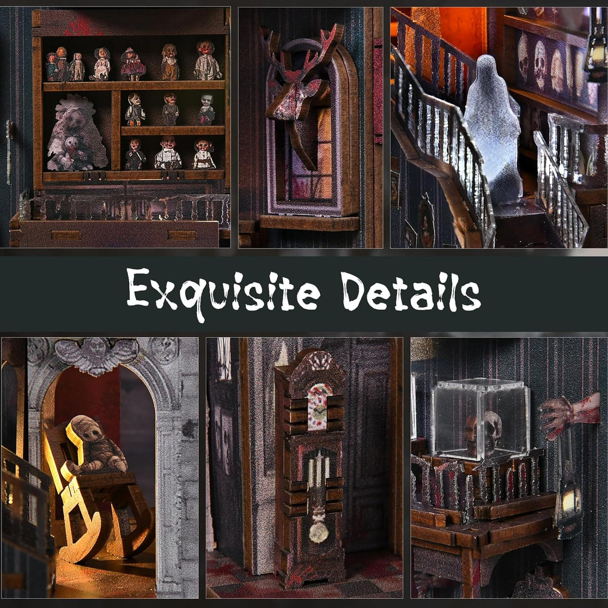 Miniature haunted book nook kit insert with multi-level bookshelf display