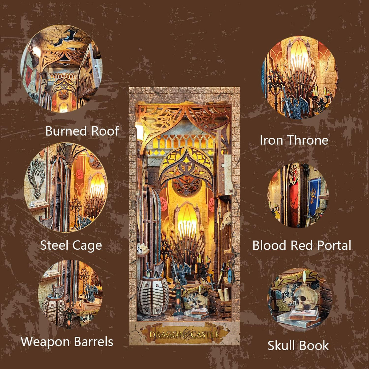 Fantasy miniature bookshelf insert kit showing labeled scene panels and castle doorway