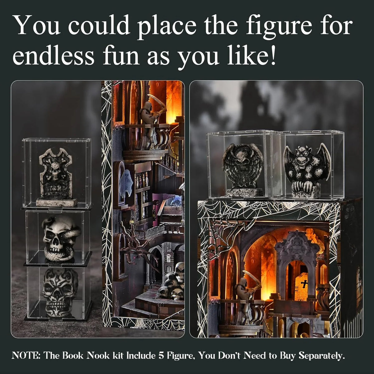 Haunted book nook kit display with figure compartments on themed cover art