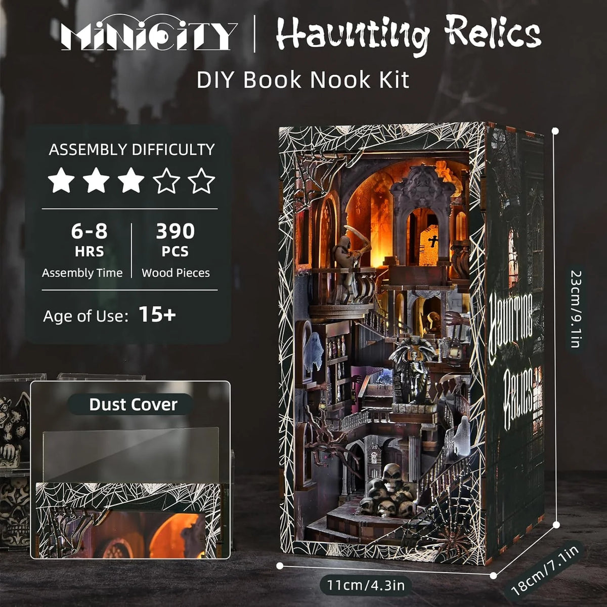 Haunted DIY book nook kit box with dust cover and size measurements