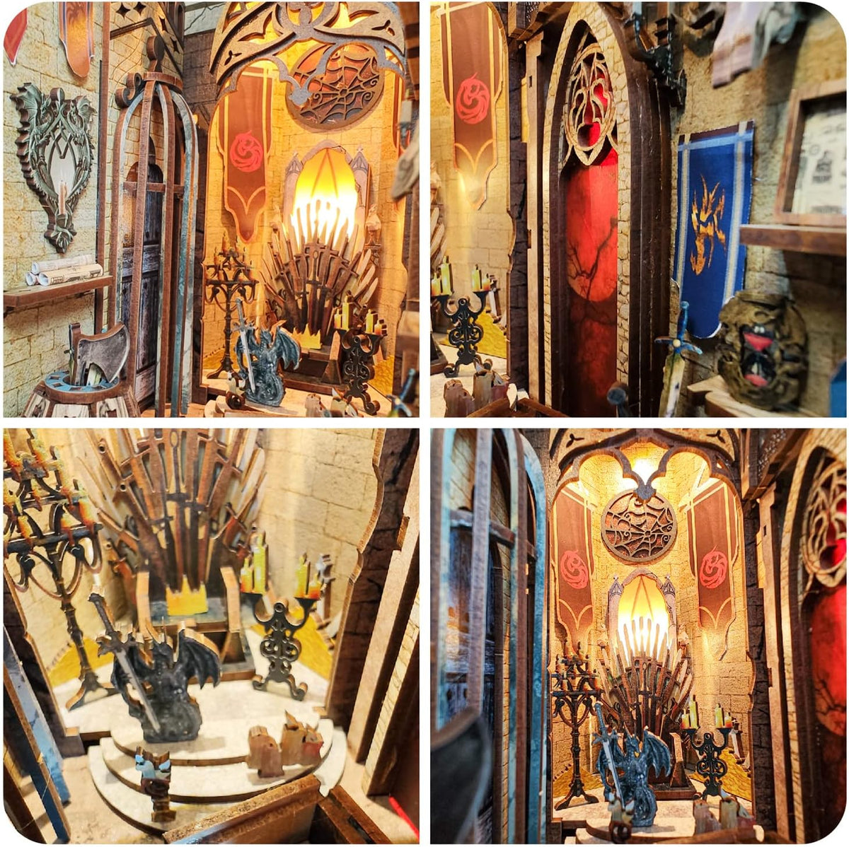 Fantasy miniature bookshelf insert diorama with candlelit iron gate and statues