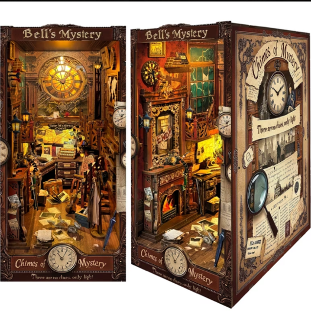 DIY miniature book nook kit box with detailed Bells’ Mystery bookshelf room scene