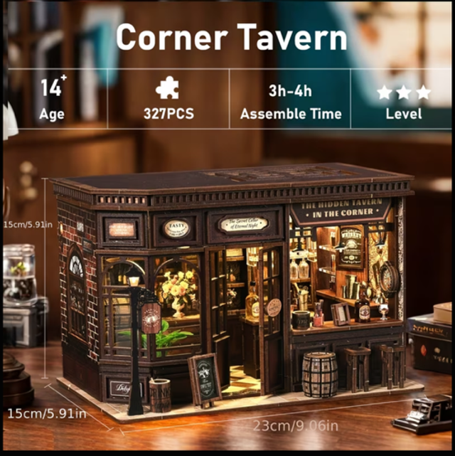 Miniature tavern book nook insert kit with shelves, doors, and brick facade.