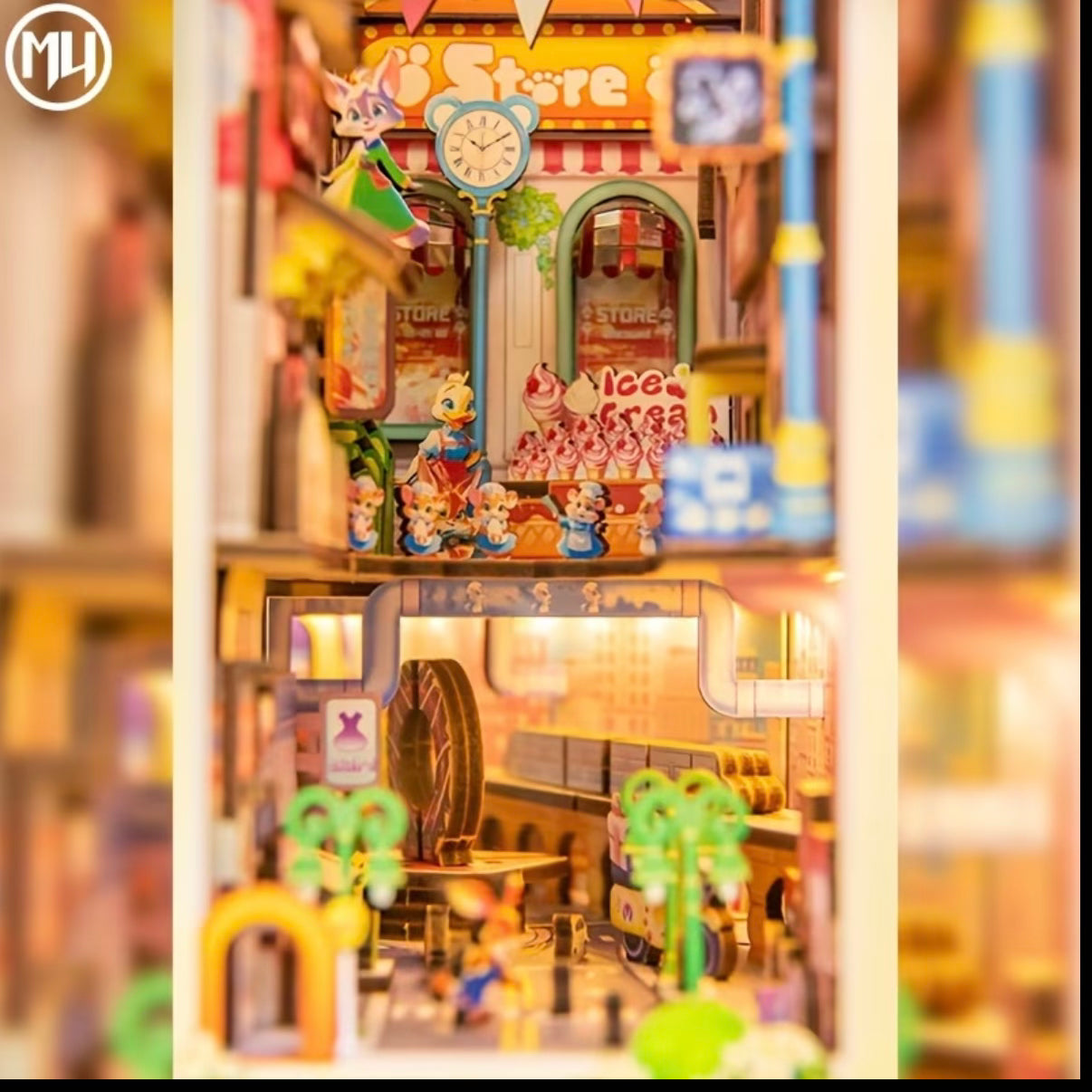 Miniature bookshelf insert interior with tiny storefront, shelves, and character details