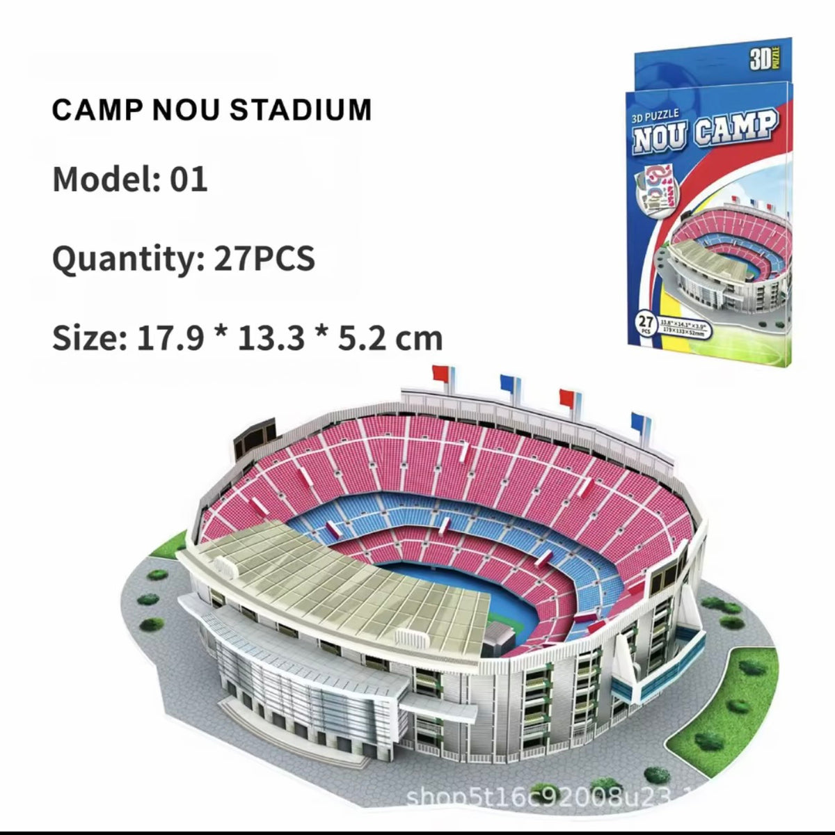 3D stadium miniature model with magenta seats, blue pitch, and grey stands on a base