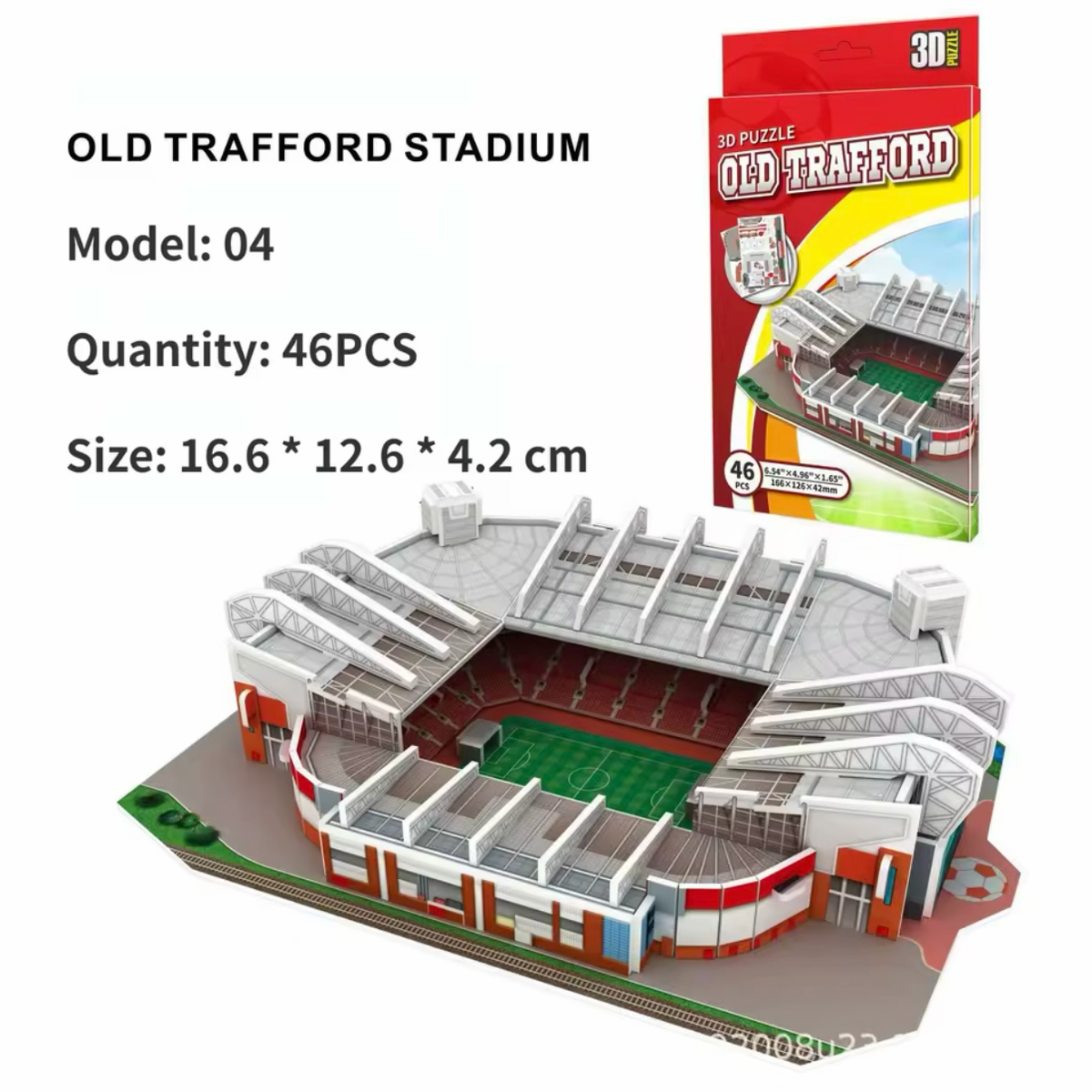 Old Trafford 3D mini stadium model, red-and-white stands and gray roof detail