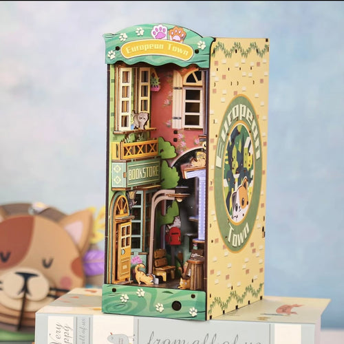 Miniature book nook dollhouse insert kit with European Town facade, windows, and door