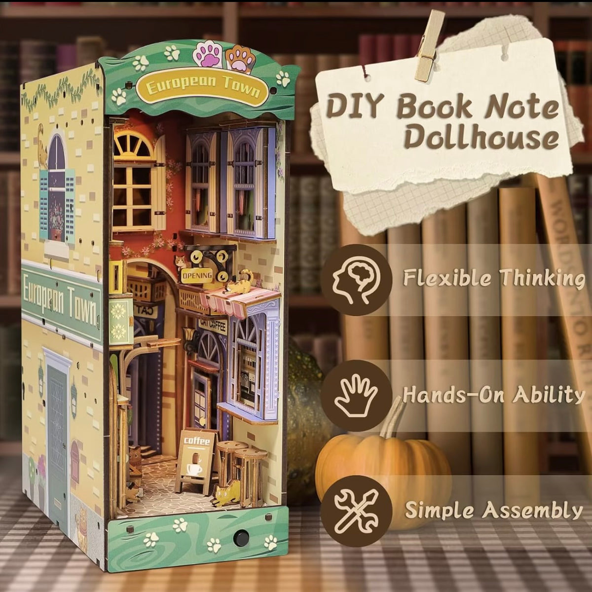 Miniature book nook dollhouse insert kit box with DIY book note and assembly icons