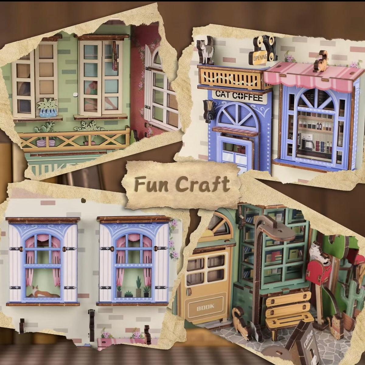 Miniature dollhouse insert kit showing multiple mini room pieces and furniture scenes