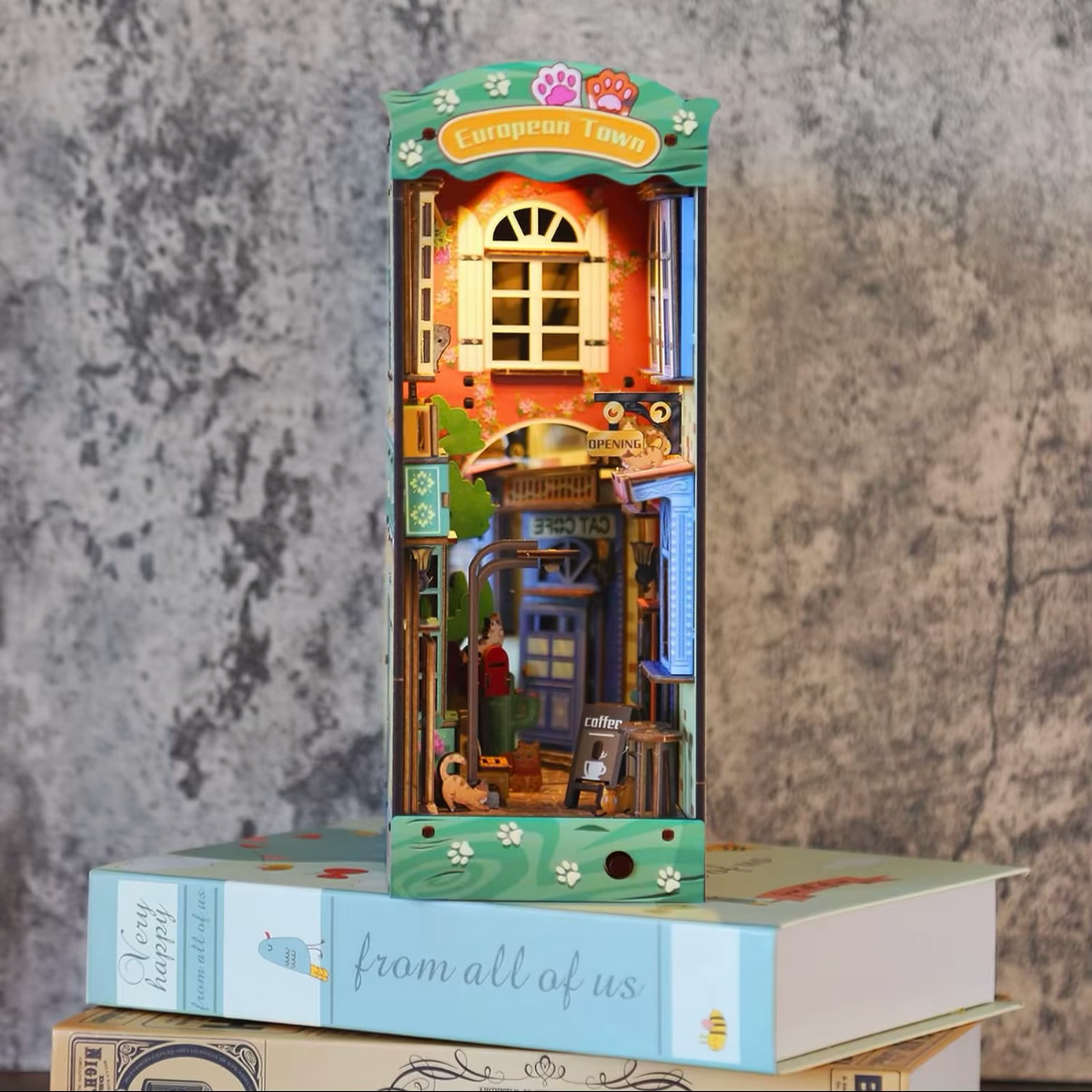 Miniature book nook dollhouse insert kit in package with European Town storefront facade