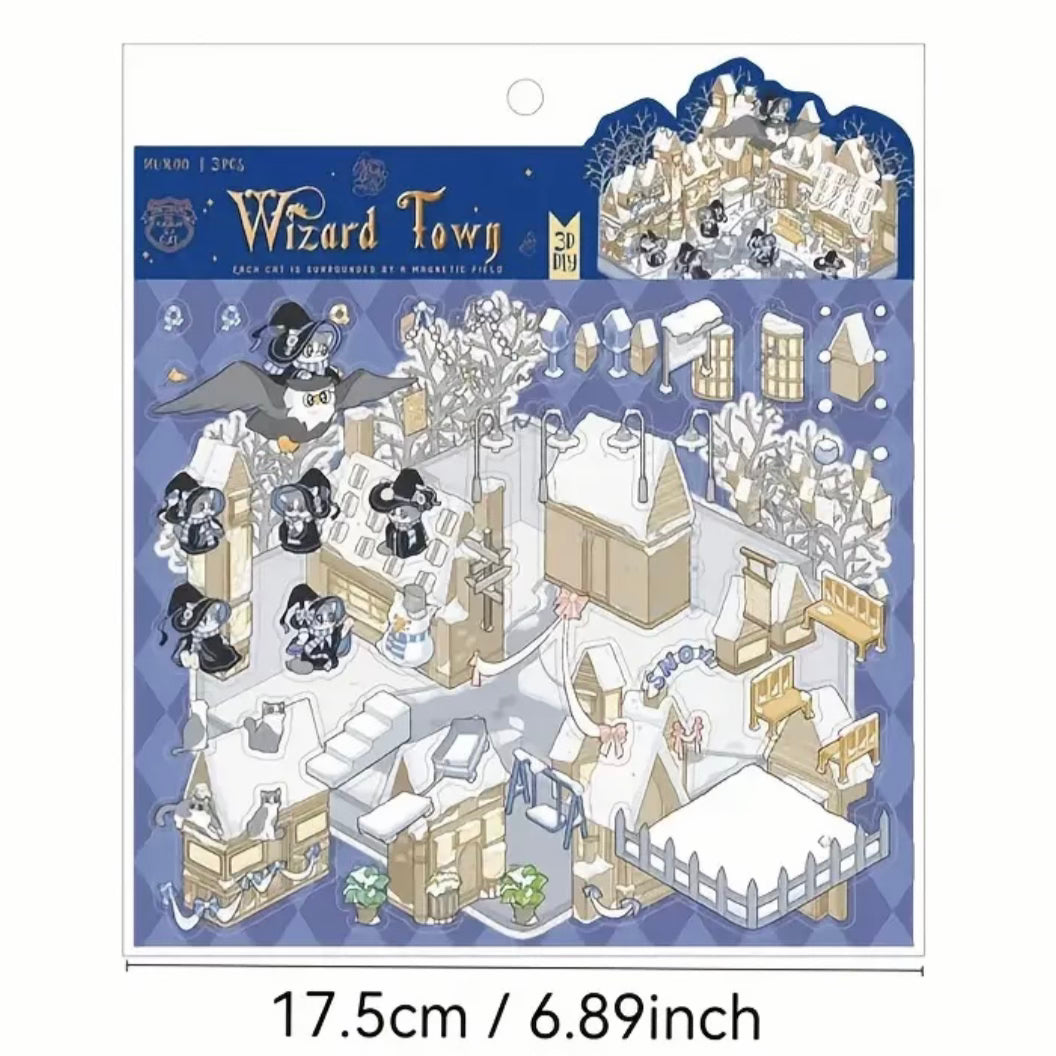 Kawaii miniature wizard tower sticker sheet with silver 3D-style buildings and accessories