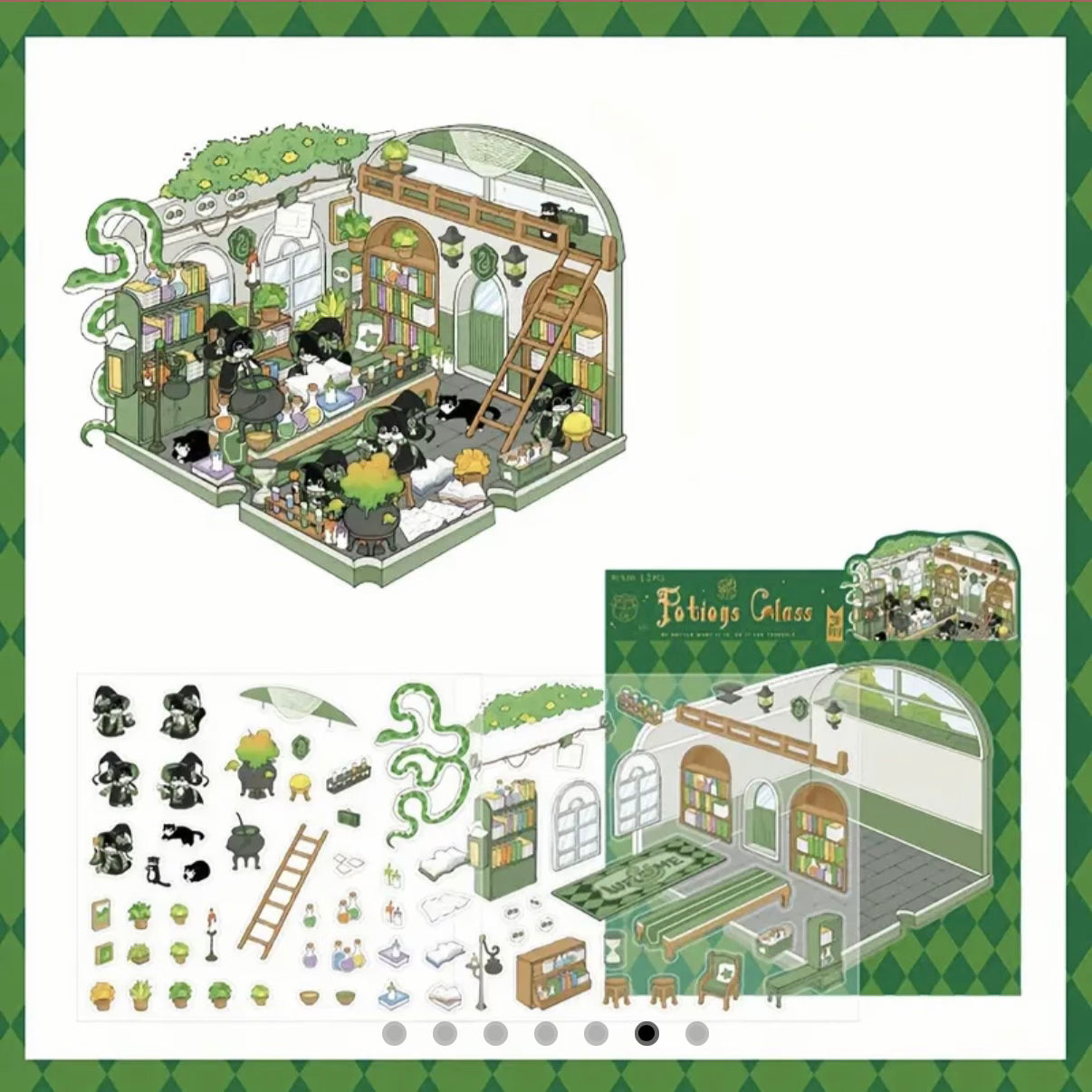 Kawaii miniature potion-class sticker sheets with green rooms, plants, and tiny pieces