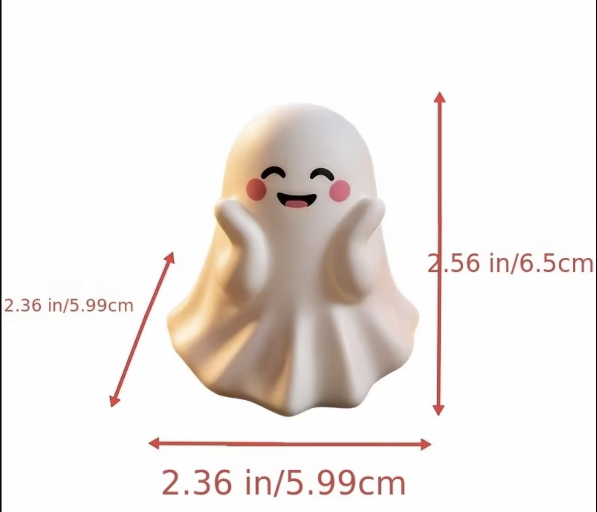 Mini kawaii ghost figurine, white with smiling face and pink cheeks