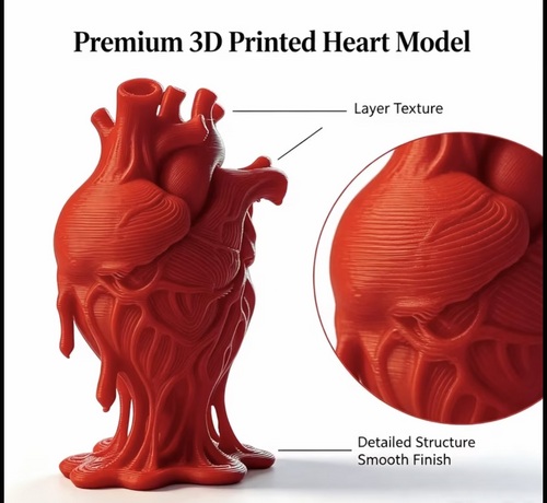 Red 3D printed heart model with layered texture and smooth finish, detailed vessels