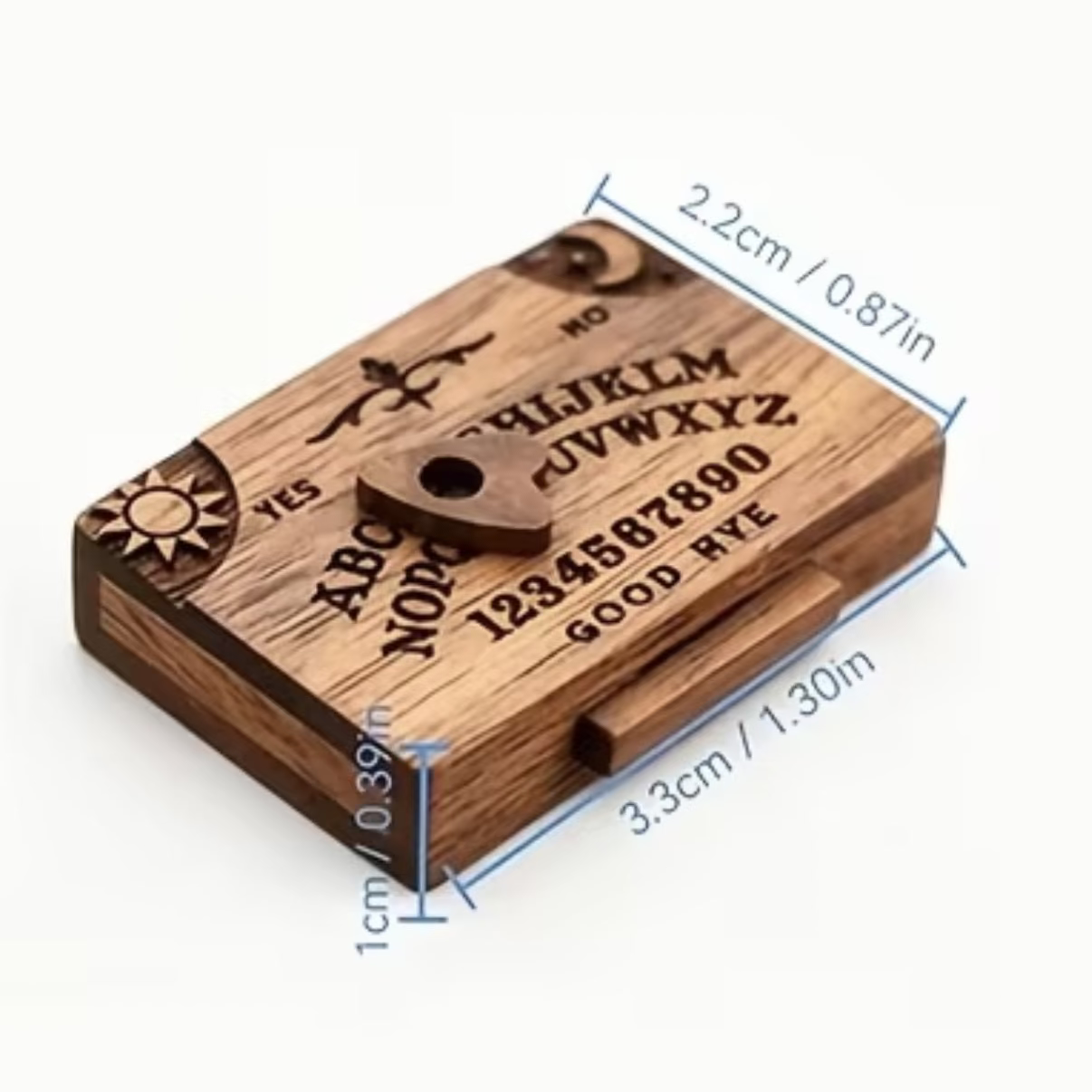 Square wooden Ouija board with engraved letters, pentagram icon, and size measurements.