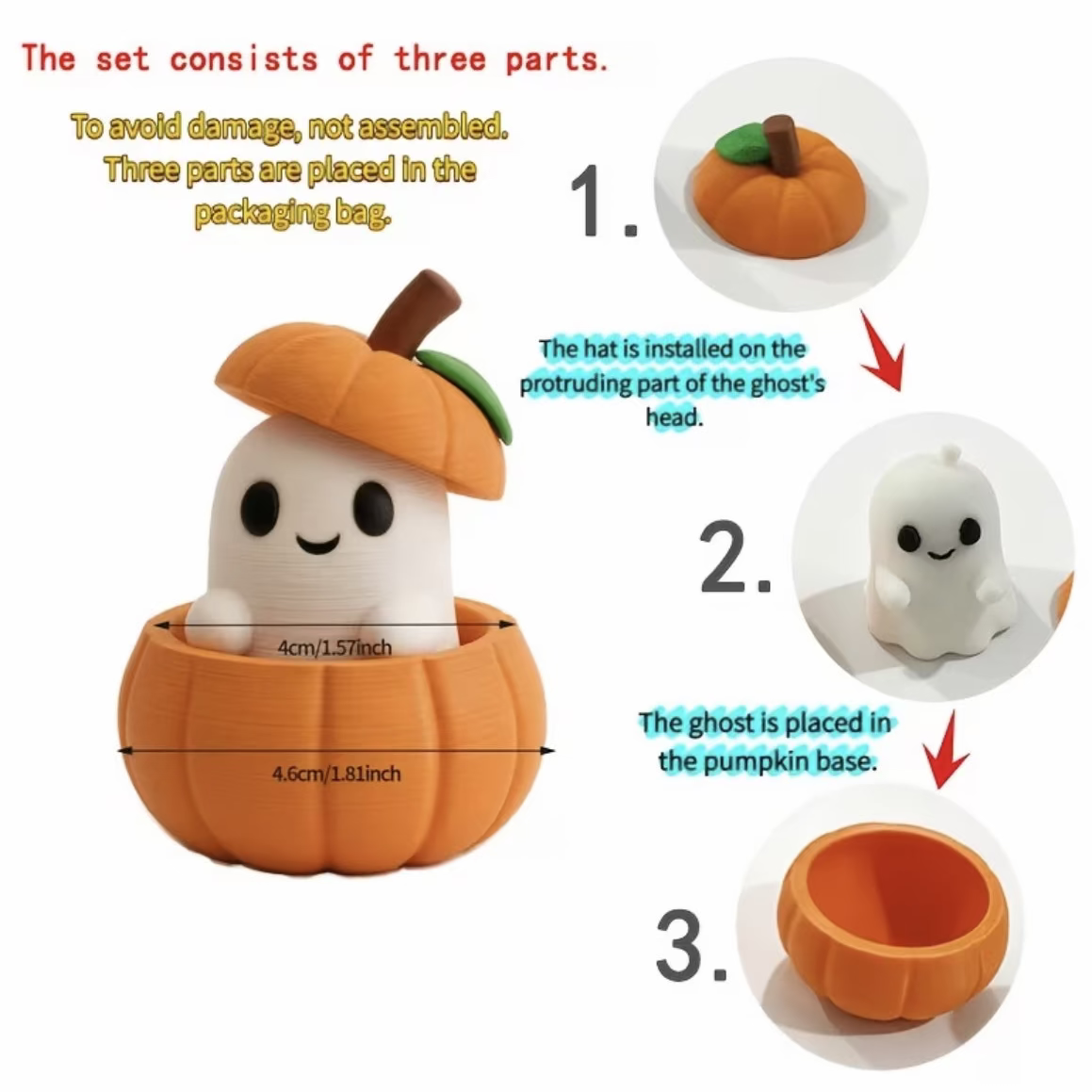 Kawaii pumpkin ghost figure with smiling white face in orange pumpkin base