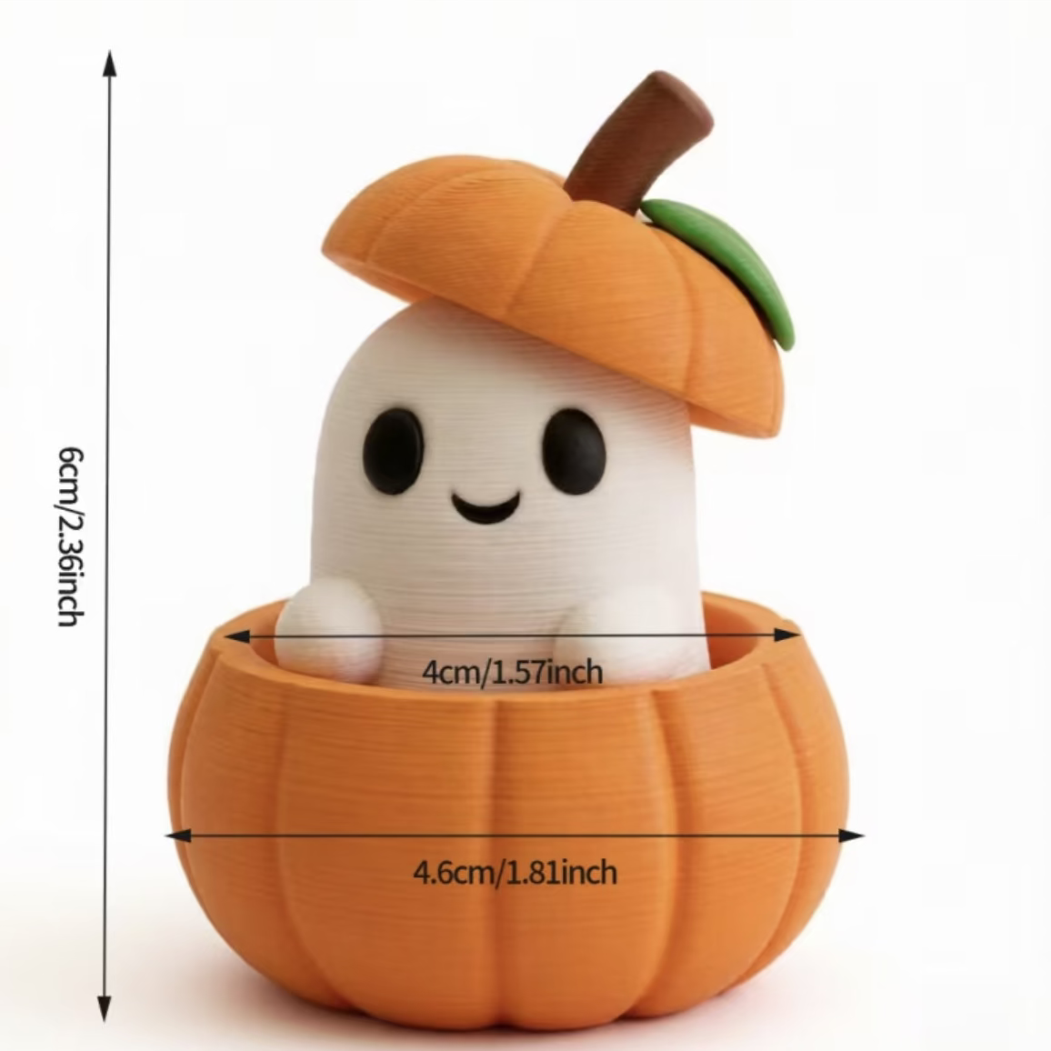 Kawaii pumpkin ghost figure front view, white face and orange jack-o'-lantern base