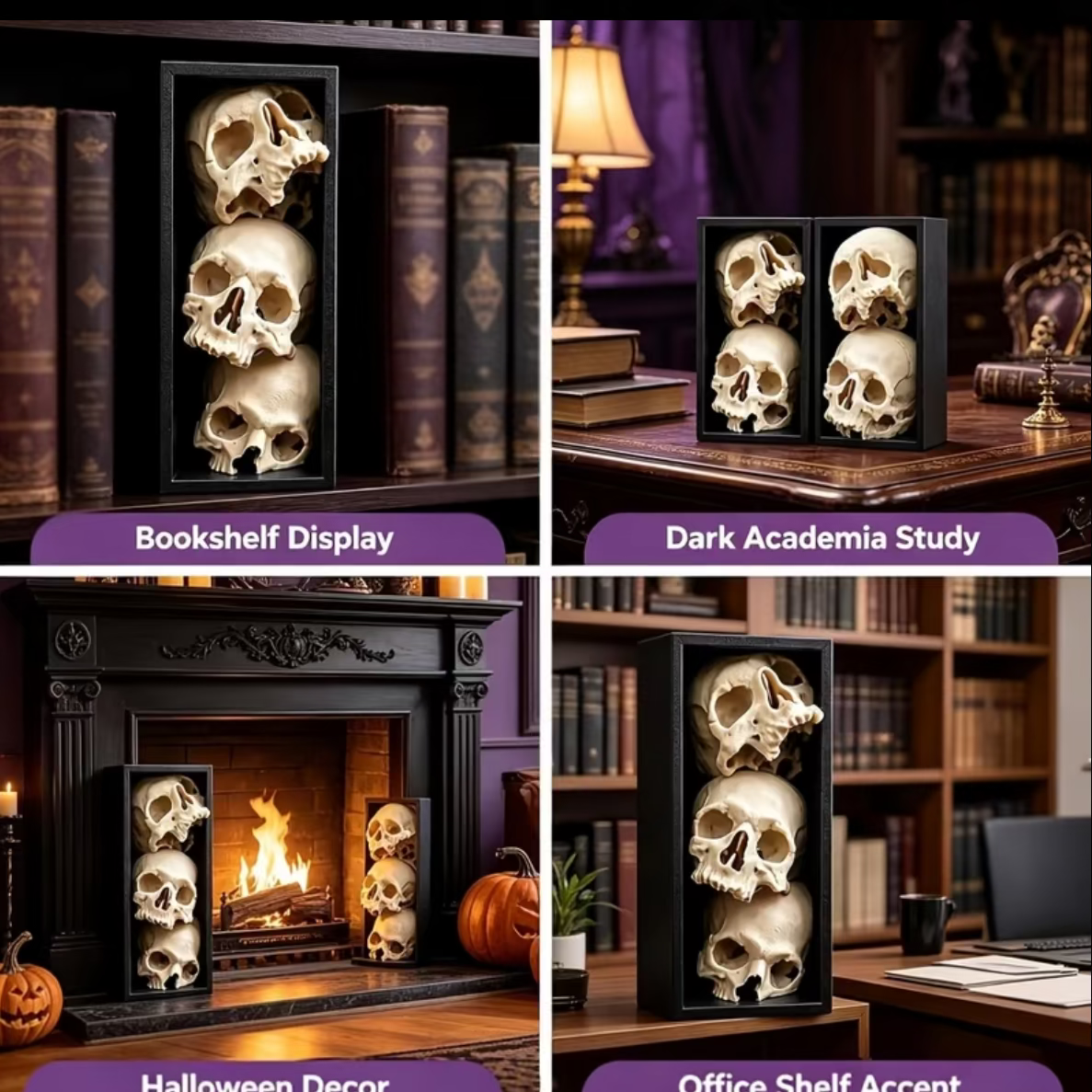 Black framed skull book end with three stacked skulls, display on bookshelf