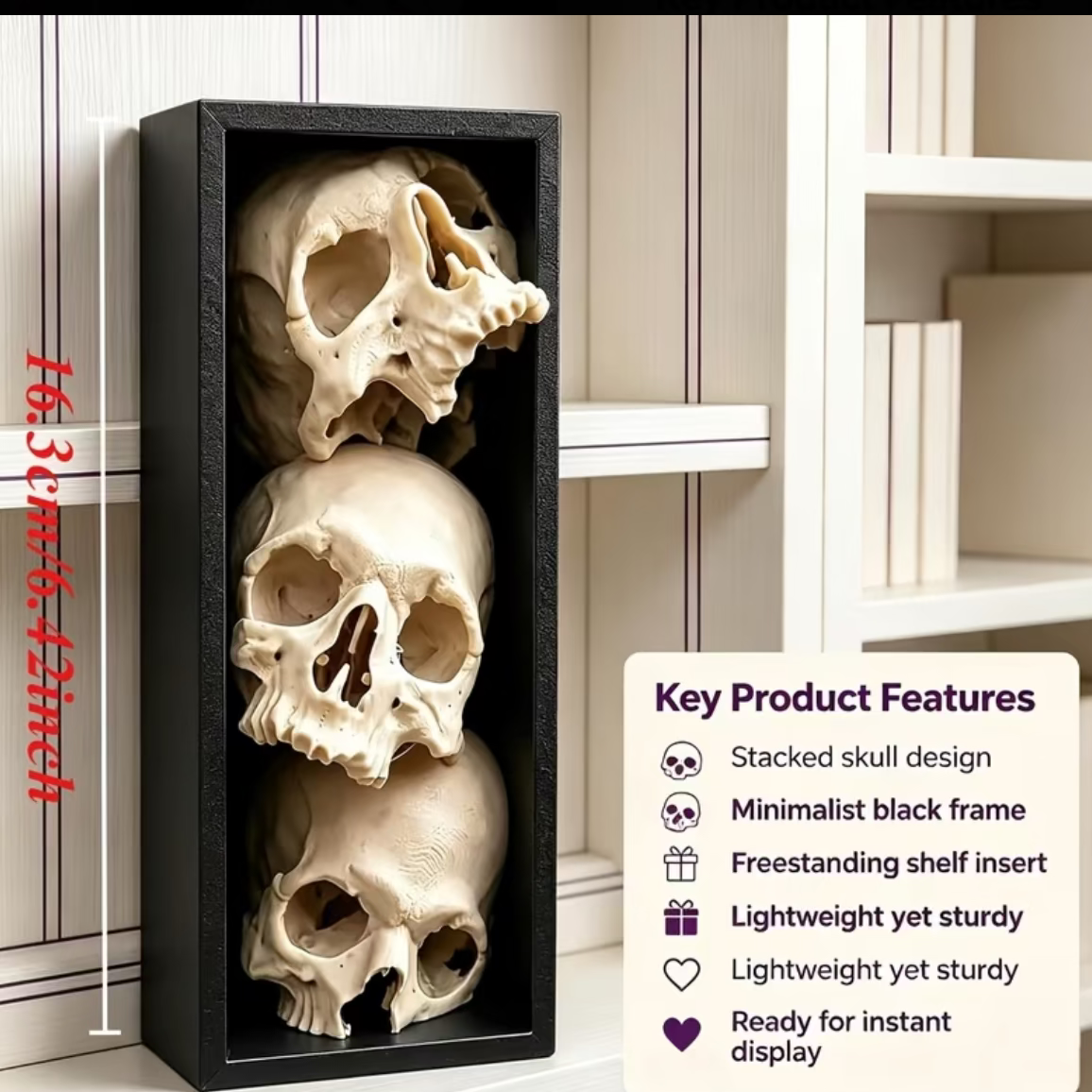 Gothic skull book end ornament with stacked skeleton skulls in black frame
