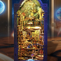 Miniature DIY book nook insert with golden mechanical shelves and gears, blue frame