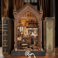 Miniature book nook bookshelf insert with arched frame and tiny books and decor