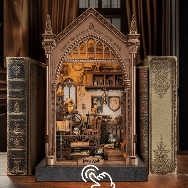Miniature book nook bookshelf insert with arched frame and tiny books and decor