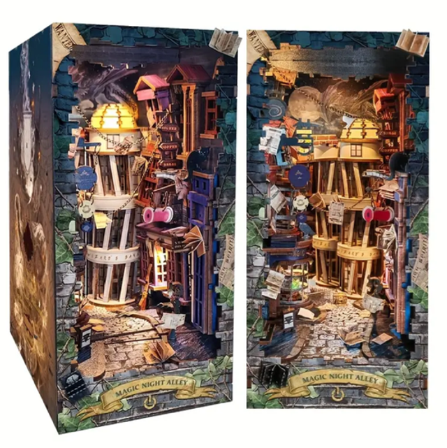 Miniature book nook insert kit with lit alley-style bookshelf miniature diorama