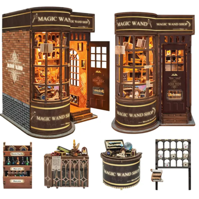 Miniature DIY book nook kit insert with Magic Wand Shop facade and inner bookshelves