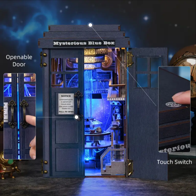 Miniature police box book nook kit with open door and built-in bookshelf shelves