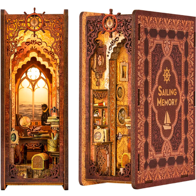 Ornate miniature book nook insert with Sailing Memory cover; open tiny shelves display