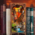 Miniature book nook insert with ornate arched interior scene and figurines