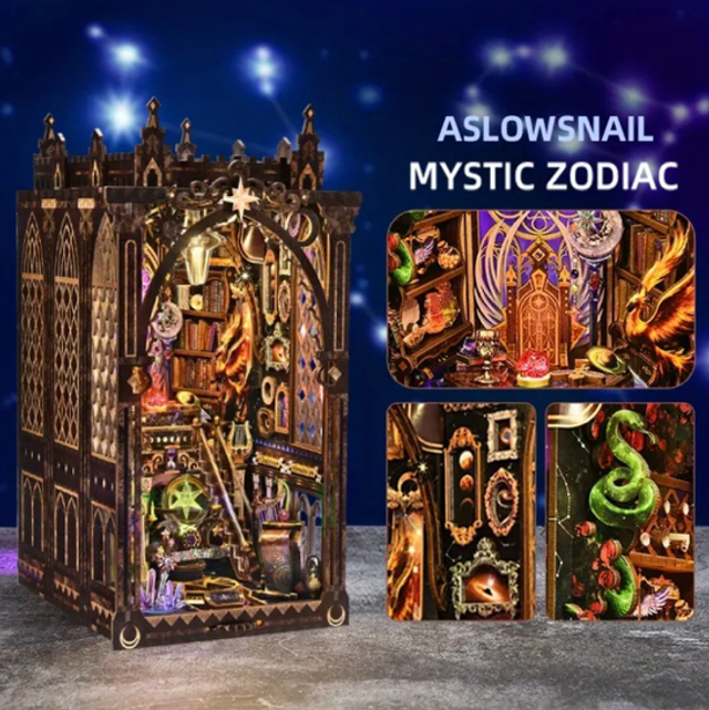Miniature zodiac book nook kit insert with decorative arched shelves and small books