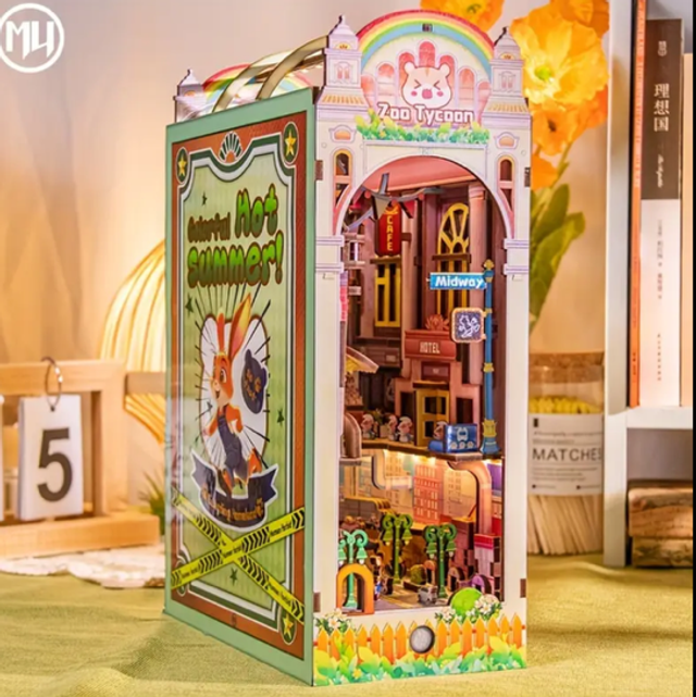 Miniature DIY book nook kit box insert with colorful arched interior and garden scene