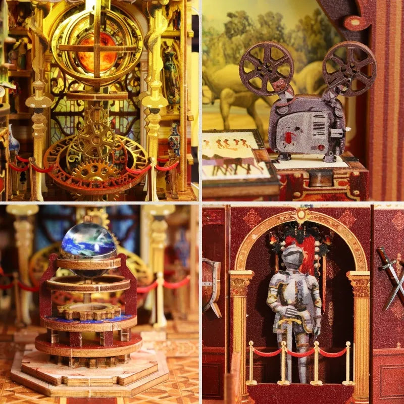 Miniature museum-style bookshelf insert kit with gold interior details and miniature figures
