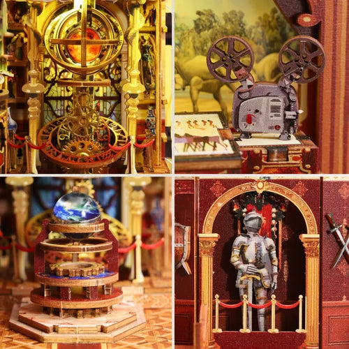 Miniature museum-style bookshelf insert kit with gold interior details and miniature figures