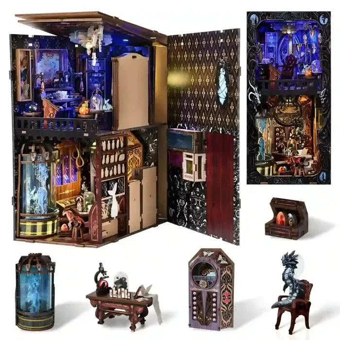 Open miniature bookshelf kit with multi-level room panels, doors, and display pieces