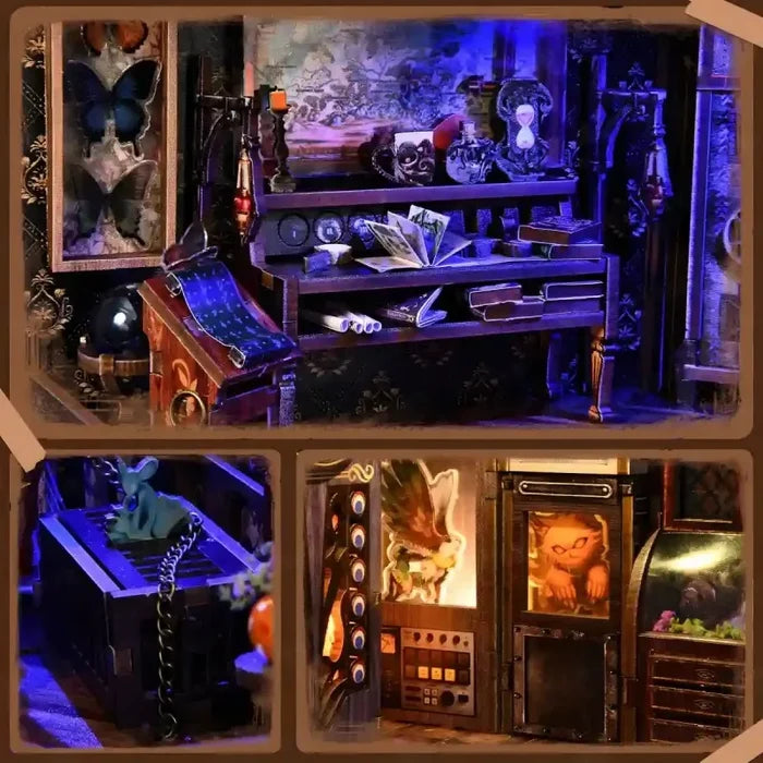 Miniature DIY room insert with shelves, books, and small dragon-and-figure details