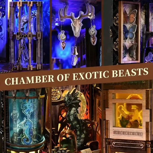Miniature bookshelf insert with framed compartments and hanging beast-themed ornaments