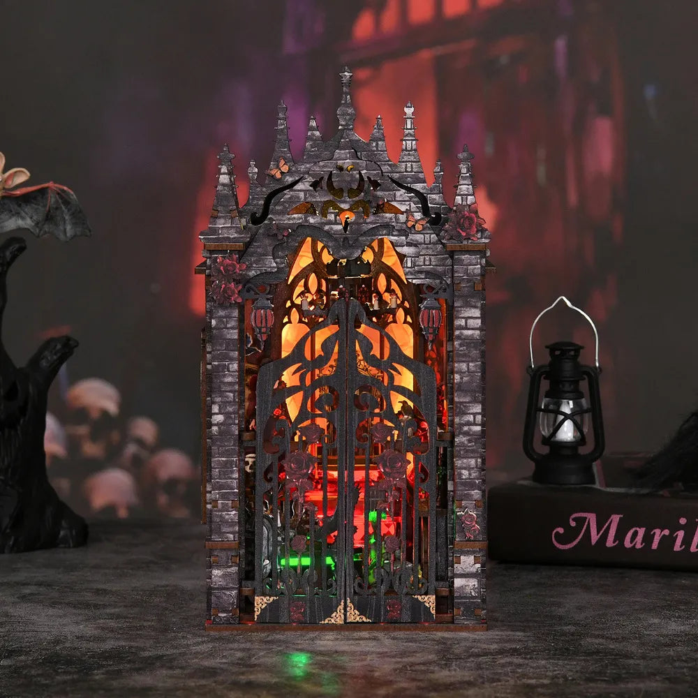 Miniature gothic book nook kit with lit cathedral-style display and side lantern