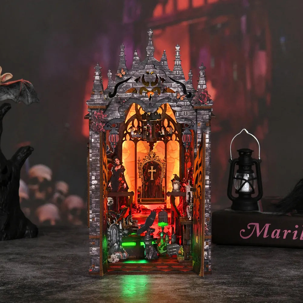 Miniature gothic book nook kit with illuminated cathedral display and side lantern