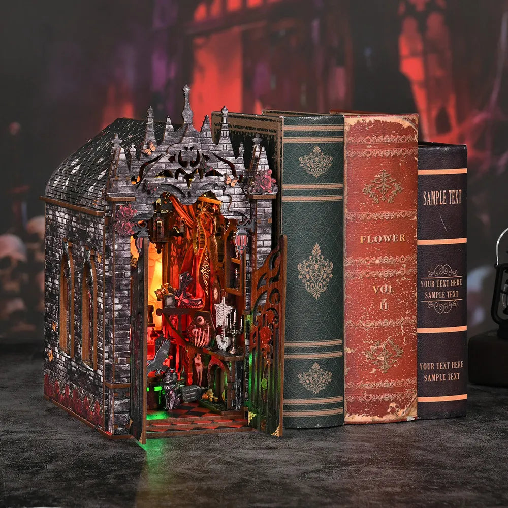 Miniature gothic book nook kit with cathedral frame, miniature books, and gift boxes