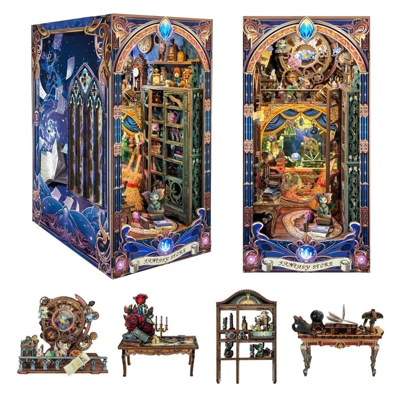 Miniature bookshelf book nook DIY kit with box art and small accessory pieces