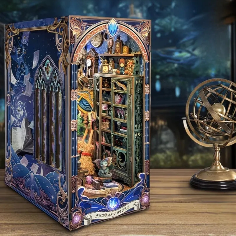 DIY miniature bookshelf book nook kit box with arched blue fantasy interior artwork