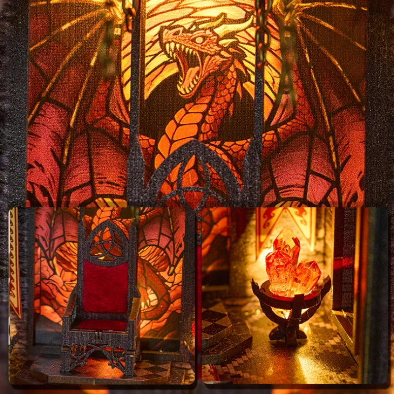 Miniature book nook insert with dragon window, gothic shelves and small printed books