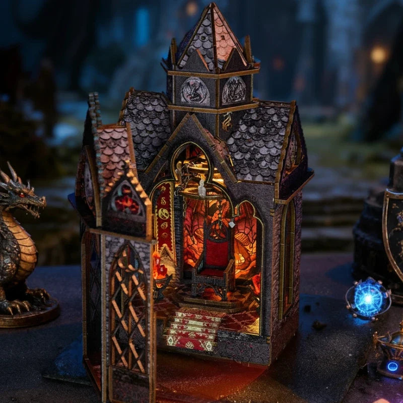 Miniature bookshelf insert with tall gothic facade, faux book spines, and dragon decor