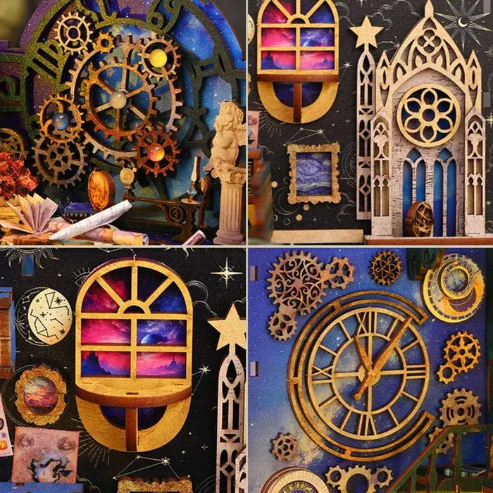Steampunk decorative panels and gears with starry window design