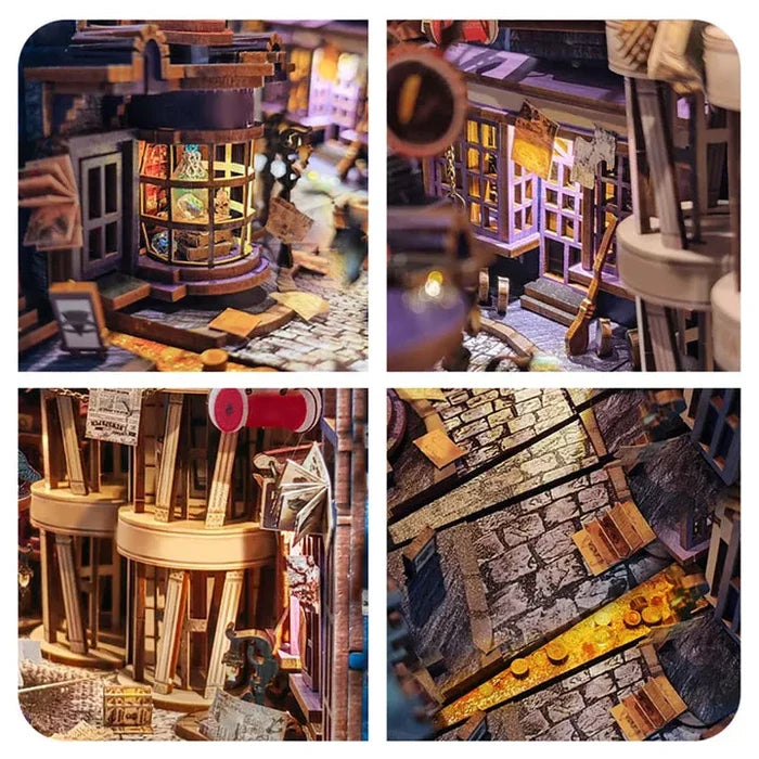 Miniature book nock display with tiny shelves, books, and arched brick walls