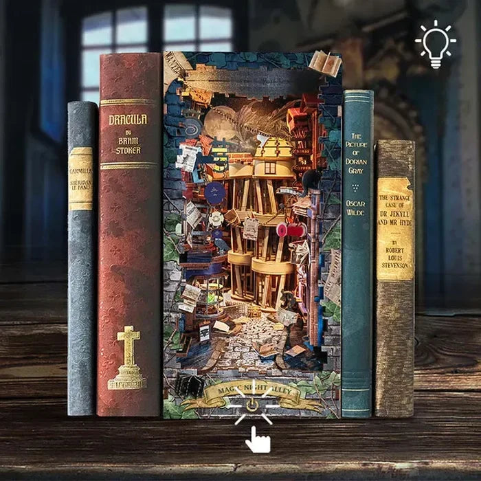 Book nock kit with three miniature books and assembled alley scene insert