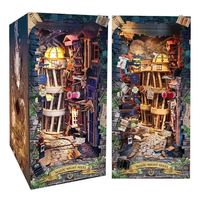 Miniature bookshelf insert kit packaging with illustrated alley scene on boxes